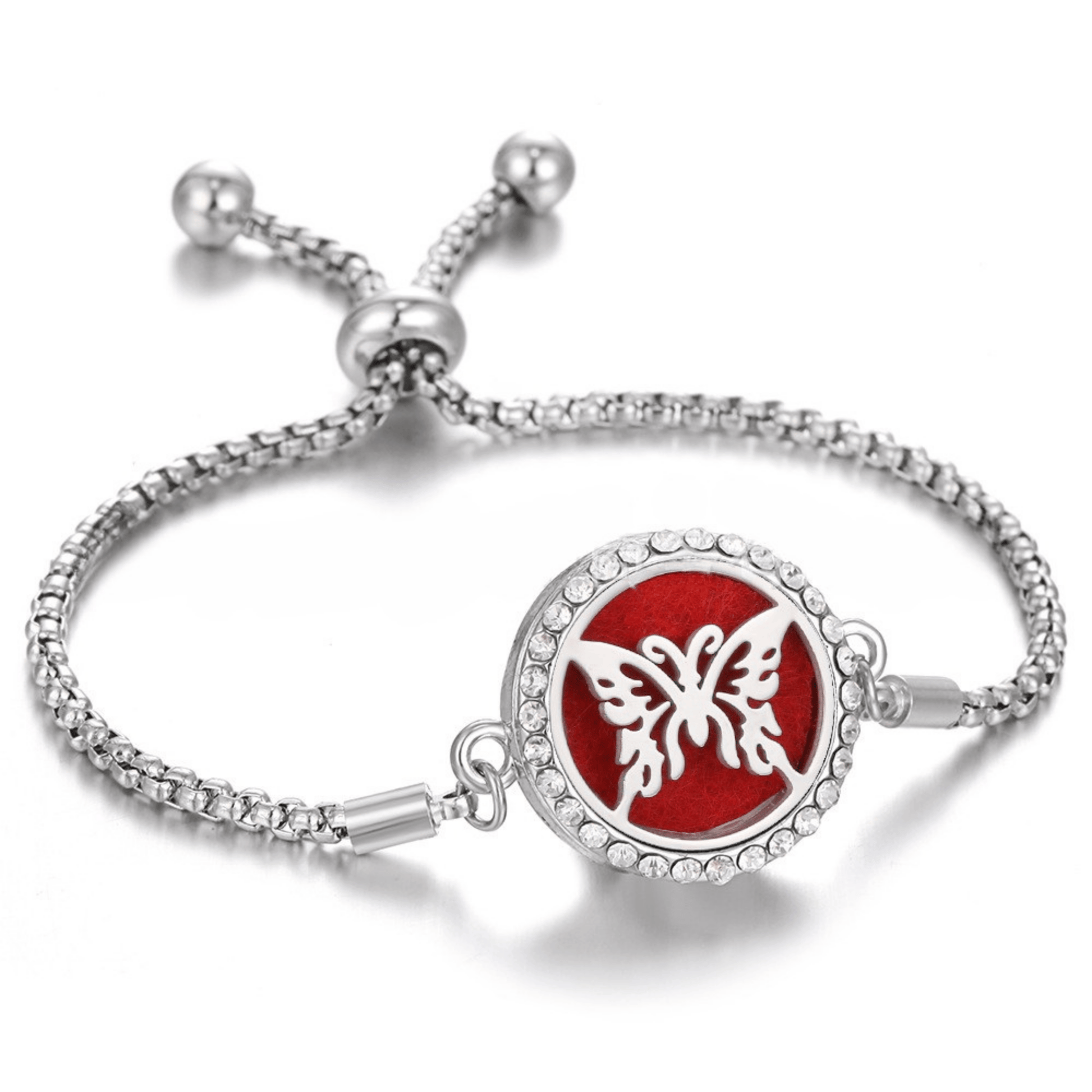 Elegant silver bracelet with a red butterfly design and crystal accents, perfect for fragrance diffusion and stylish wear.