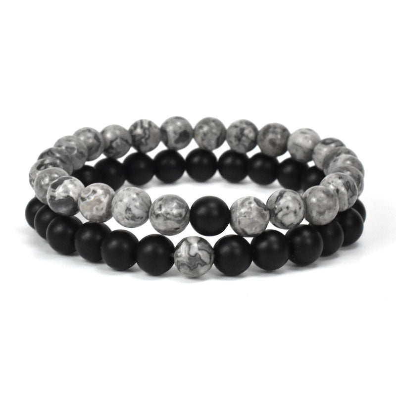 Map Frosted Black Stone Bead Bracelet featuring matte black obsidian beads with a frosted finish, stylish map-inspired design, unisex accessory perfect for casual or formal wear
