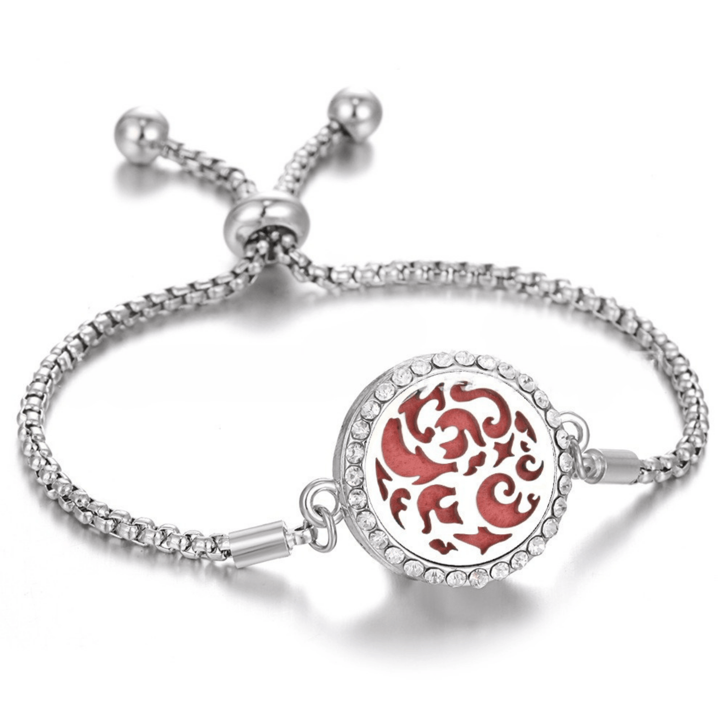 Silver bracelet with a red swirl charm and crystal accents, perfect for fragrance diffusion and stylish wear.