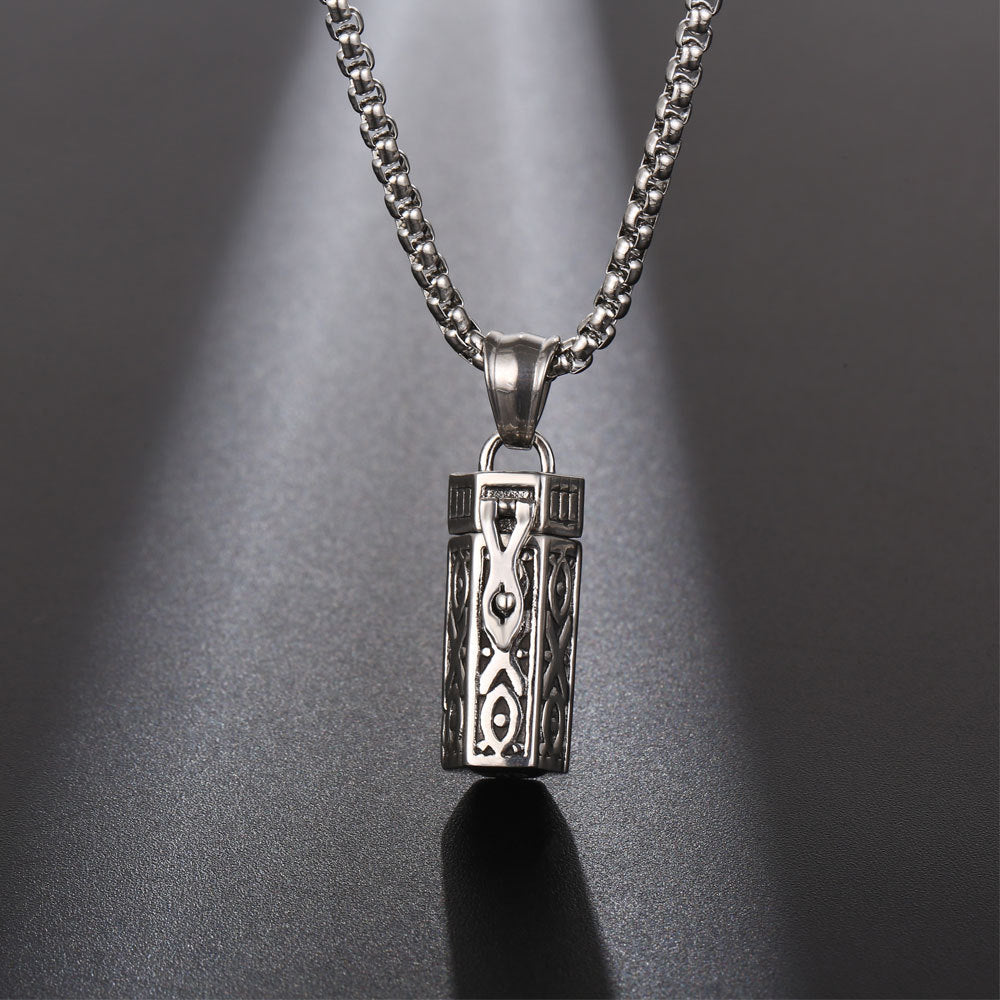 Unisex retro-style scent pendant necklace from Bin Israr Studio, features 2.5cm geometric polished pendant with refillable fragrance chamber