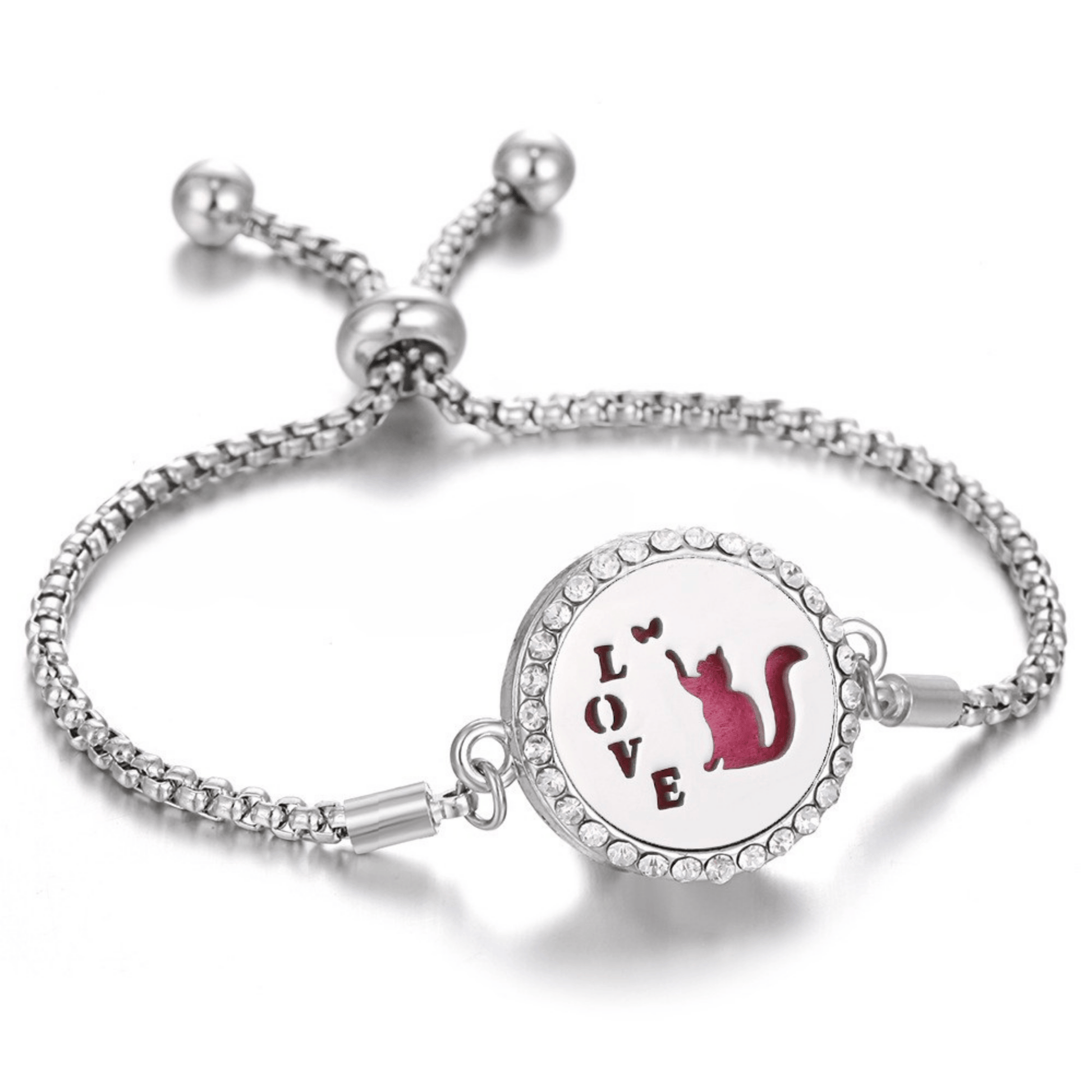 Stylish silver fragrance bracelet featuring a charming design of a cat touching hearts, perfect for cat lovers seeking a unique and aromatic accessory.