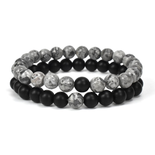 Map Frosted Black Stone Bead Bracelet featuring matte black obsidian beads with a frosted finish, stylish map-inspired design, unisex accessory perfect for casual or formal wear