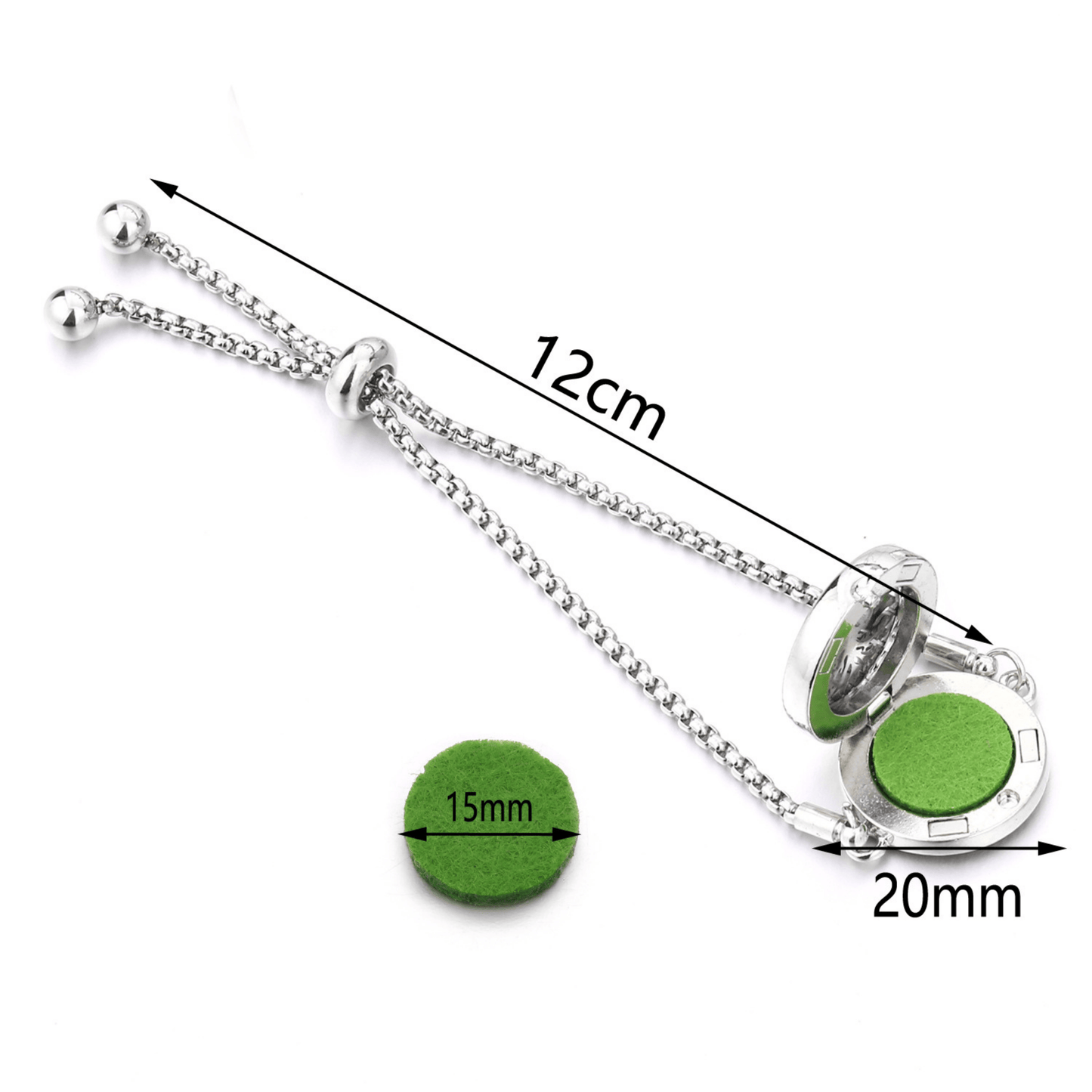 Silver adjustable bracelet with a 12cm chain, 20mm locket diffuser containing a green 15mm felt pad insert for essential oils or aromatherapy use.