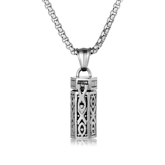 Fragrance pendant necklace with 60cm chain, retro geometric design, polished finish for essential oils or perfume by Bin Israr Studio